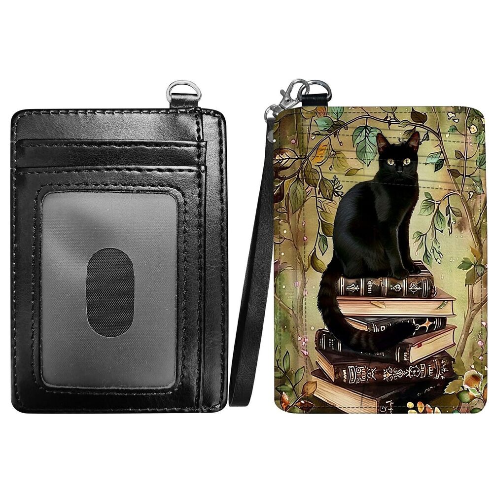 6537 Book Cat Slim Minimalist Wallet with Lanyard Strap, PU Leather Front
